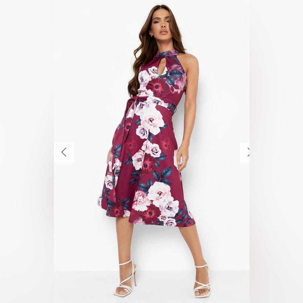 Boohoo HIGH NECK FLORAL CUT OUT MIDI SKATER DRESS 10 NWT